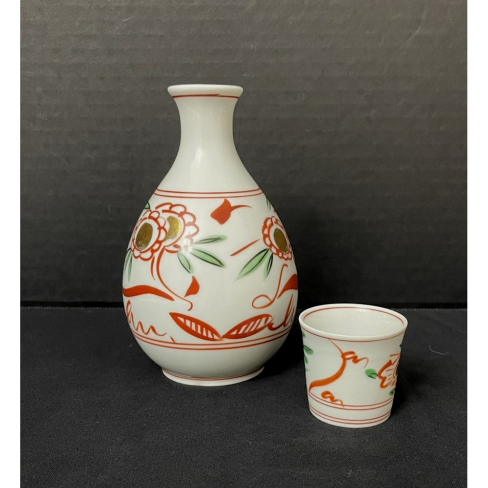 Vtg NEC Sake Set Hand Painted Ceramic Tokkuri Bottle & 1 Guinomi Ochoko Cup